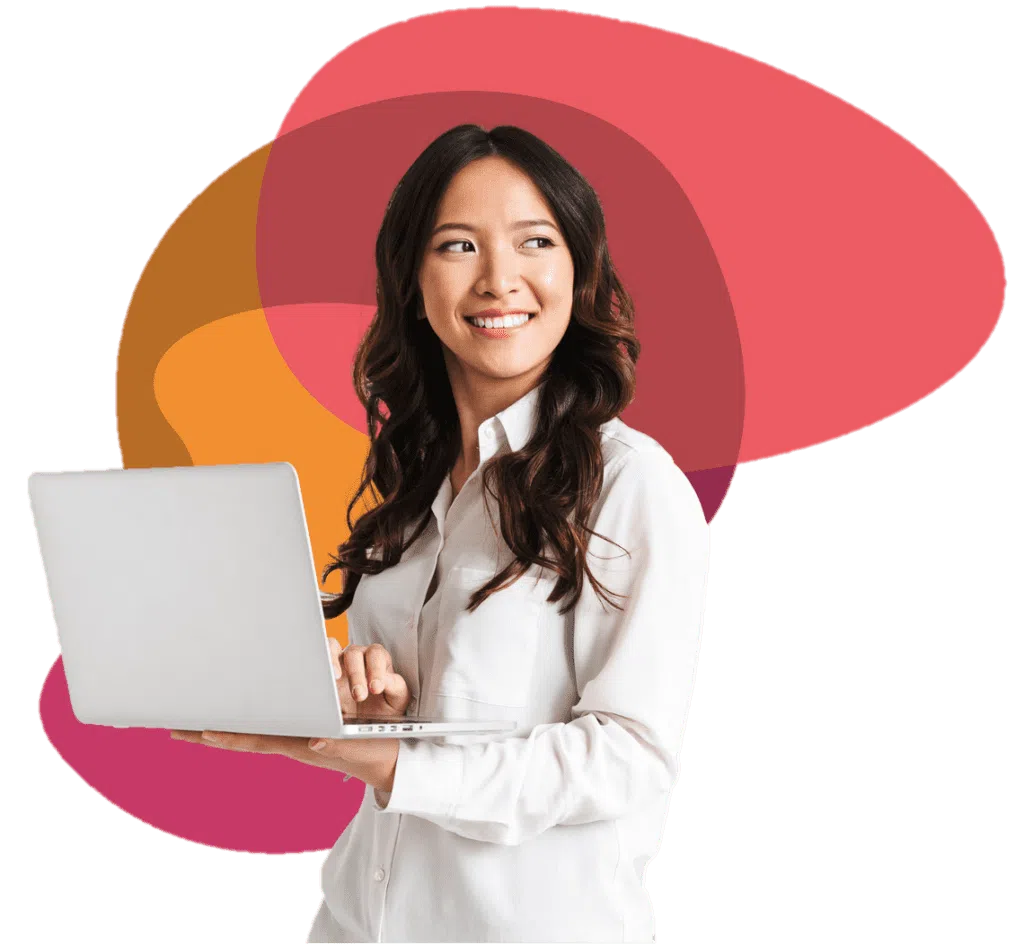 Woman Smiling while holding a laptop